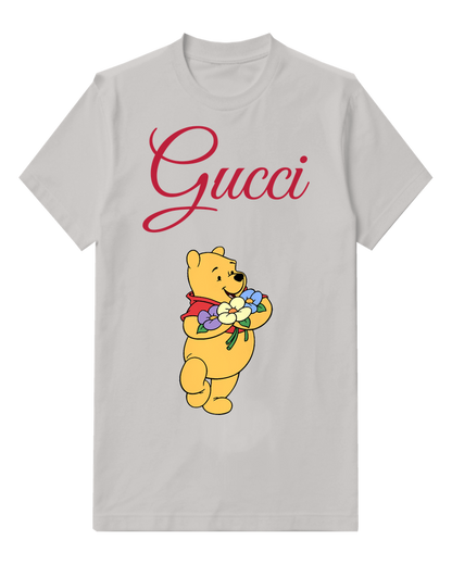 Light Gray Winnie The Pooh Holding Flowers Front Print Graphic T-Shirt - front product view