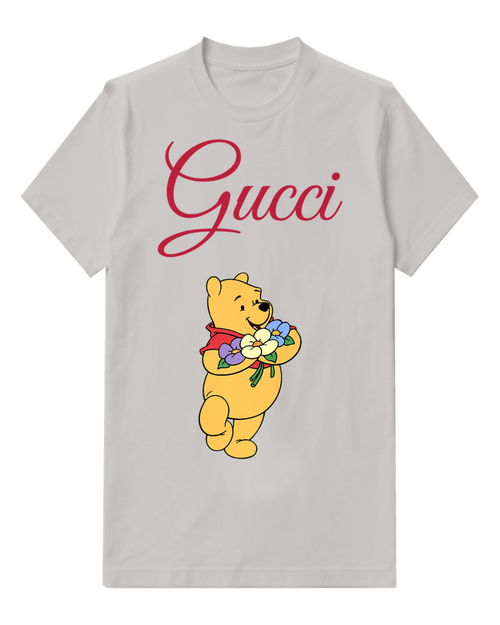 Light Gray Winnie The Pooh Holding Flowers Front Print Graphic T-Shirt - front product view