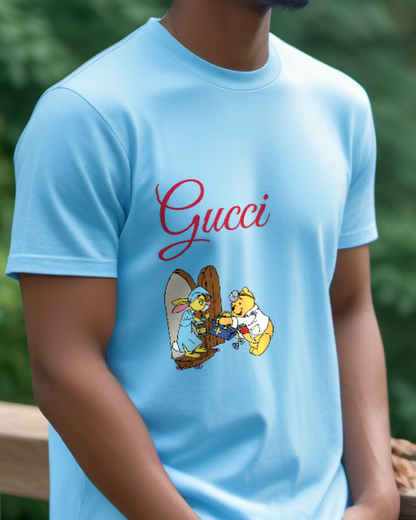 Sky Blue Winnie The Pooh Wearing A Medical Coat And Handing Over A Box Graphic T-Shirt - model wearing view