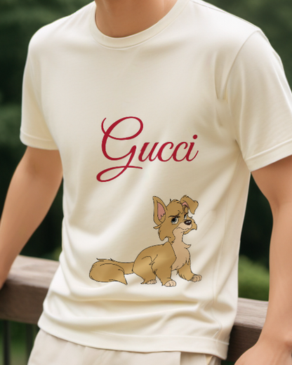 Ivory Cartoon Dog Sitting Alertly Graphic T-Shirt - model wearing view