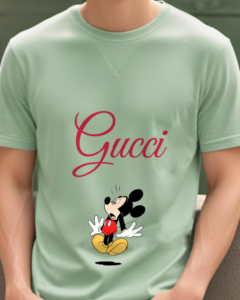 Sage Green Mickey Mouse Startled Arms Wide Graphic T-Shirt - model wearing view