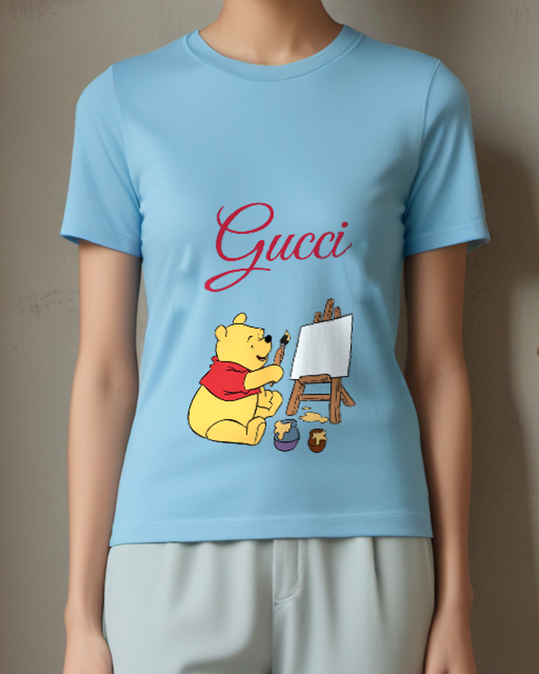 Sky Blue Winnie The Pooh Painting On Easel Graphic T-Shirt - model wearing view