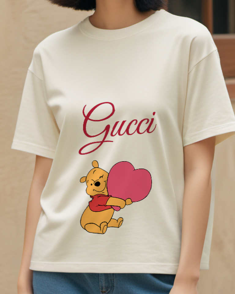 Ivory Bear Big Pink Heart Graphic T-Shirt - model wearing view