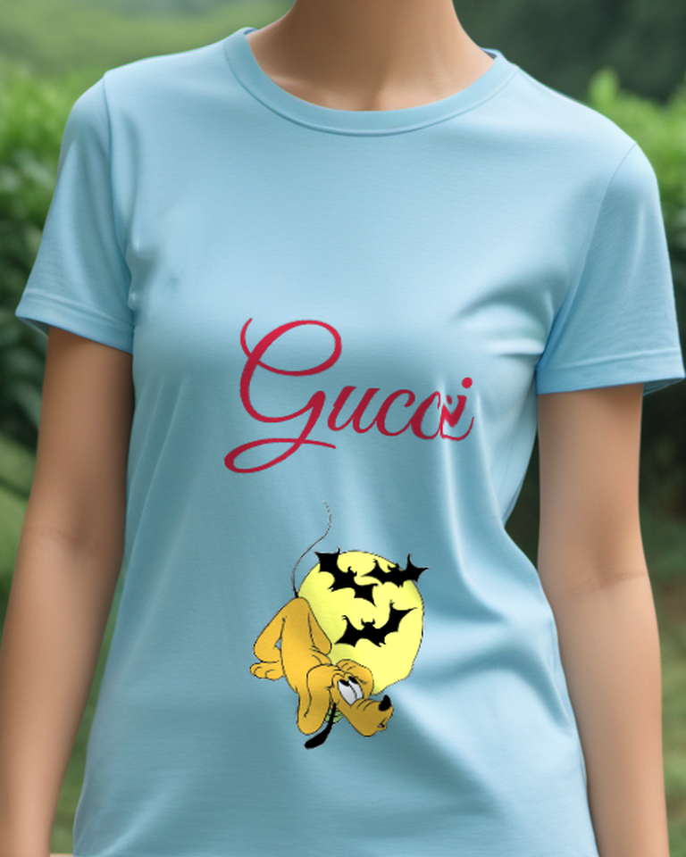 Sky Blue Pluto Upside Down With Bats Graphic T-Shirt - model wearing view