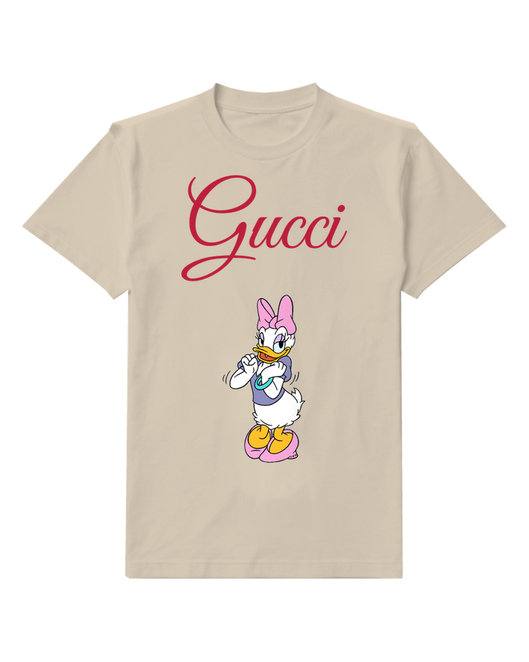 Beige Daisy Duck Arms Crossed Pink Bow Graphic T-Shirt - front product view