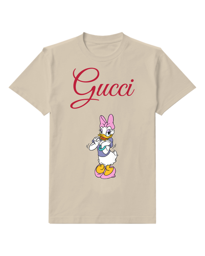 Beige Daisy Duck Arms Crossed Pink Bow Graphic T-Shirt - front product view