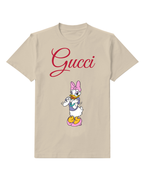 Beige Daisy Duck Arms Crossed Pink Bow Graphic T-Shirt - front product view