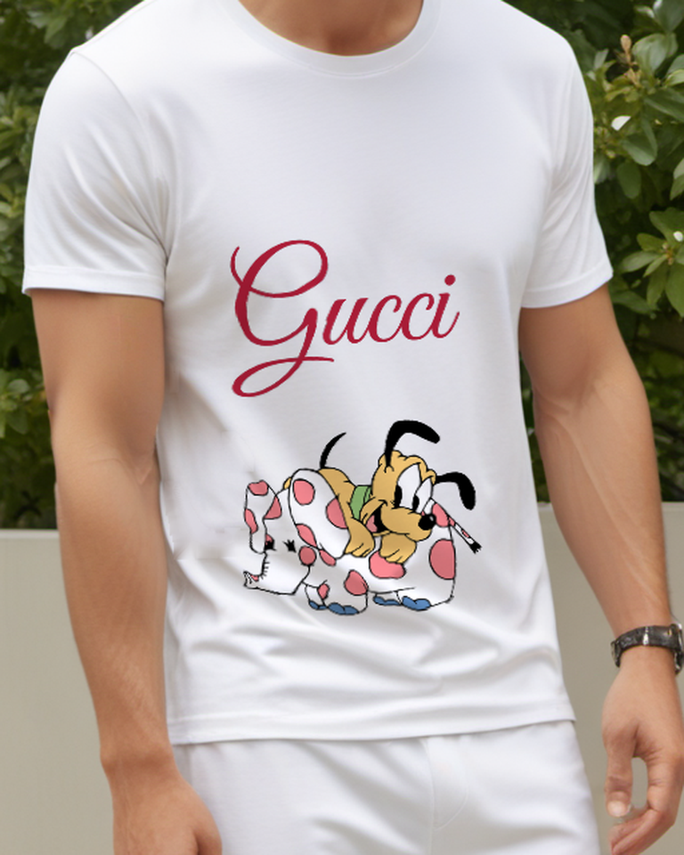 White Pluto Hugs Spotted Plush Elephant Graphic T-Shirt - model wearing view