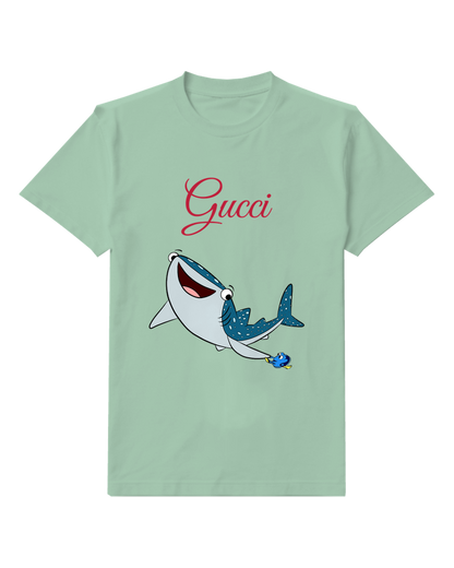 Sage Green Shark With Wide Grin And Blue Spots Graphic T-Shirt - front product view