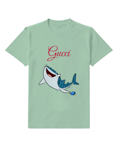 Sage Green Shark With Wide Grin And Blue Spots Graphic T-Shirt - front product view