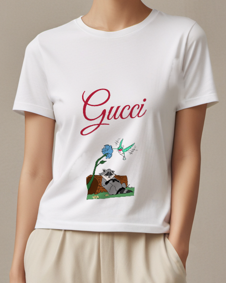 White Raccoon Sitting On Log Graphic T-Shirt - model wearing view