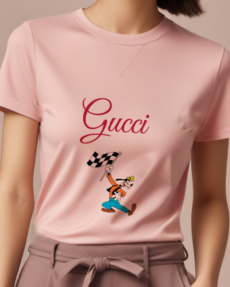 Blush Pink Goofy Racing With Checkered Flag Graphic T-Shirt - model wearing view