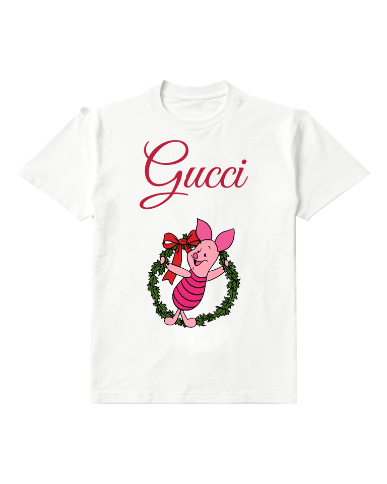White Piglet Holds Festive Wreath With Bow Graphic T-Shirt - front product view
