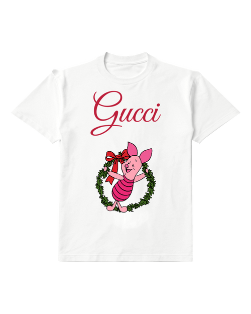 White Piglet Holds Festive Wreath With Bow Graphic T-Shirt - front product view
