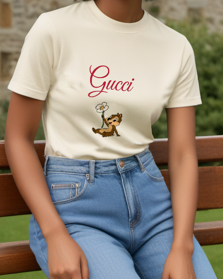 Ivory Chip Holding A White Flower Graphic T-Shirt - model wearing view