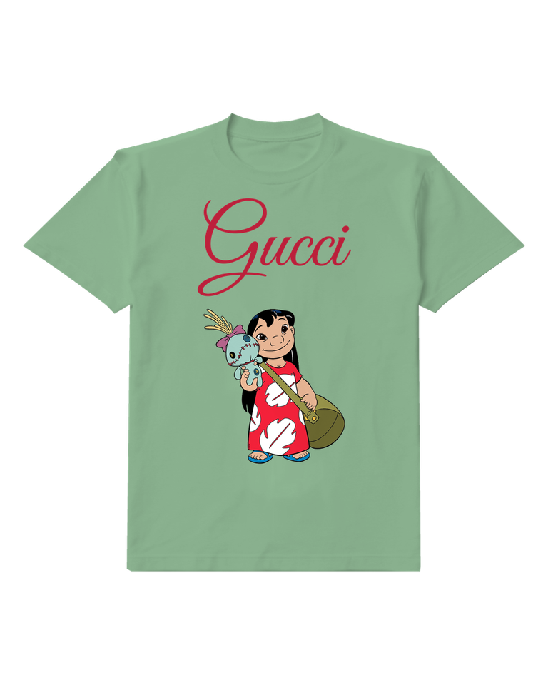 Sage Green Island Girl Carrying Blue Creature Graphic T-Shirt - front product view