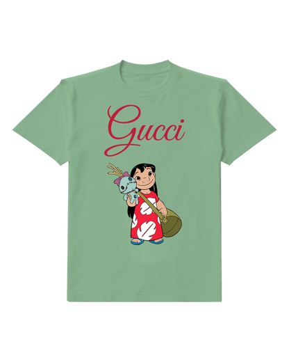 Sage Green Island Girl Carrying Blue Creature Graphic T-Shirt - front product view