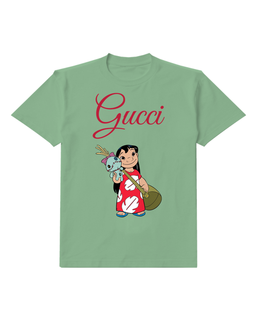 Sage Green Island Girl Carrying Blue Creature Graphic T-Shirt - front product view