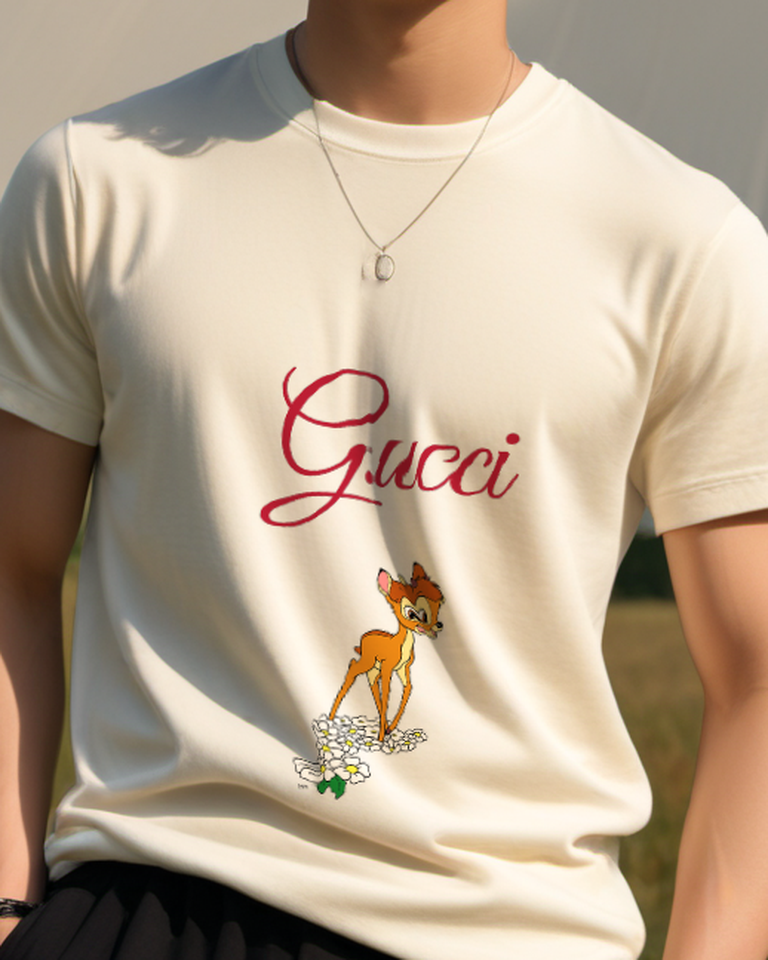 Ivory Young Deer Standing On Flowers Graphic T-Shirt - model wearing view