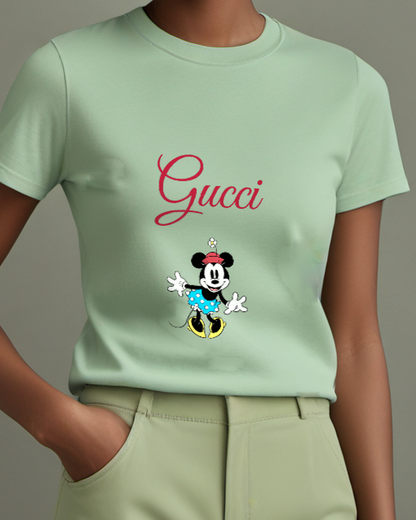 Sage Green Minnie Mouse Waving Cheerfully Crew Neck Graphic T-Shirt - model wearing view