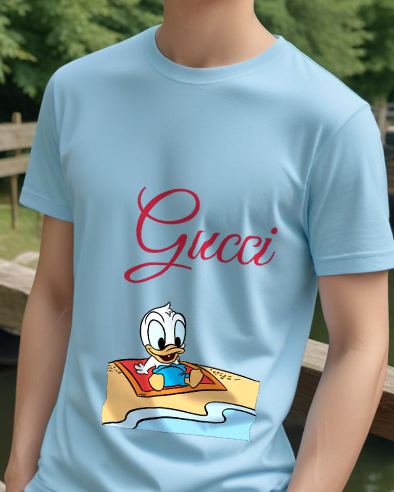 Sky Blue Donald Duck On Beach Towel Graphic T-Shirt - model wearing view