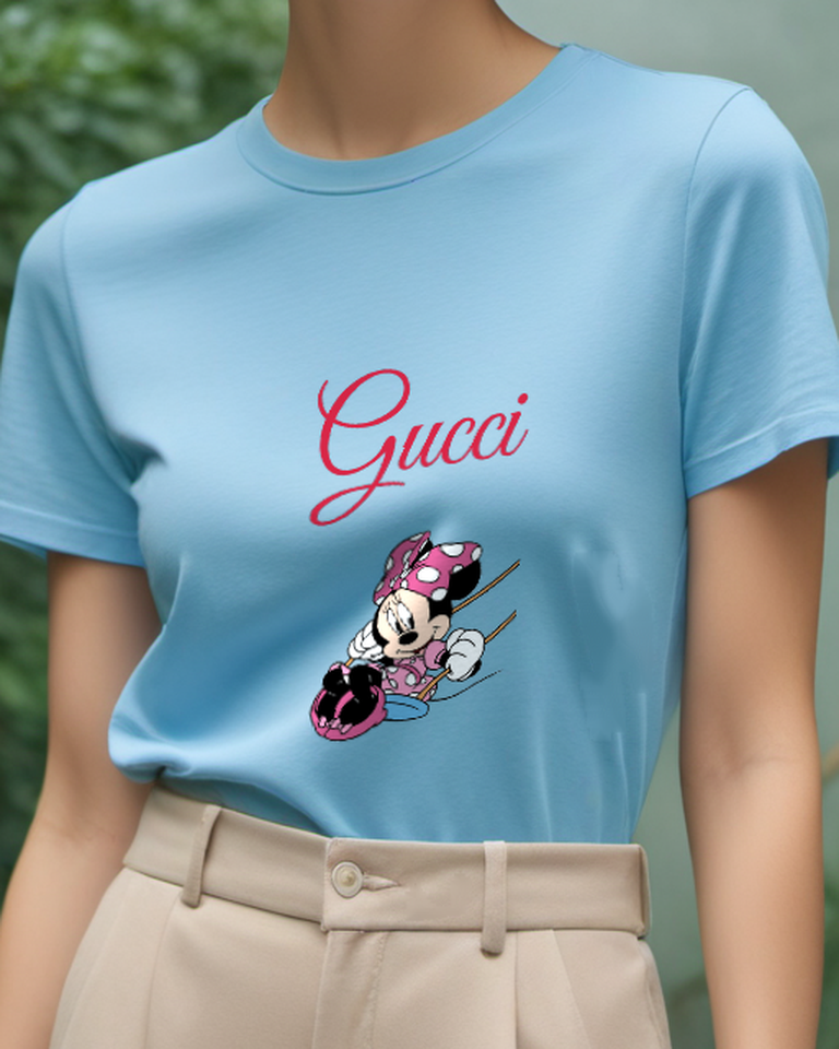 Sky Blue Minnie Mouse Swinging On A Swing Graphic T-Shirt - model wearing view
