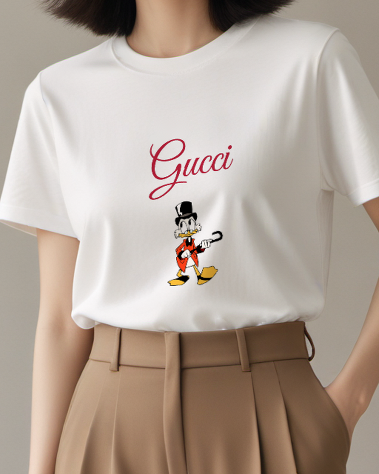 White Top Hat Duck Red Coat Graphic T-Shirt - model wearing view