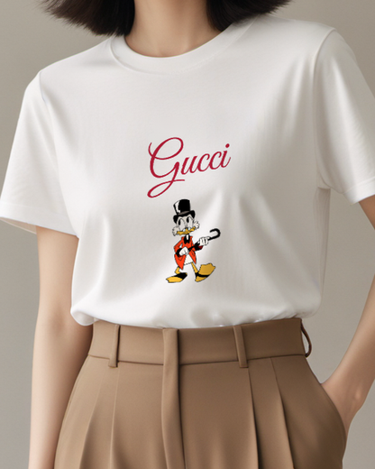 White Top Hat Duck Red Coat Graphic T-Shirt - model wearing view