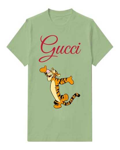 Sage Green Tiger Pointing To Side Graphic T-Shirt - front product view