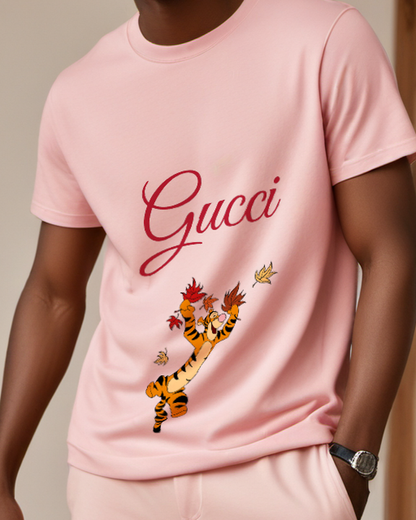 Blush Pink Tigger Jumping With Autumn Leaves Graphic T-Shirt - model wearing view