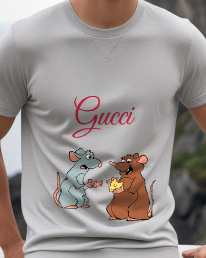 Gray Remy Gray Rat Gestures Cheese Graphic T-Shirt - model wearing view