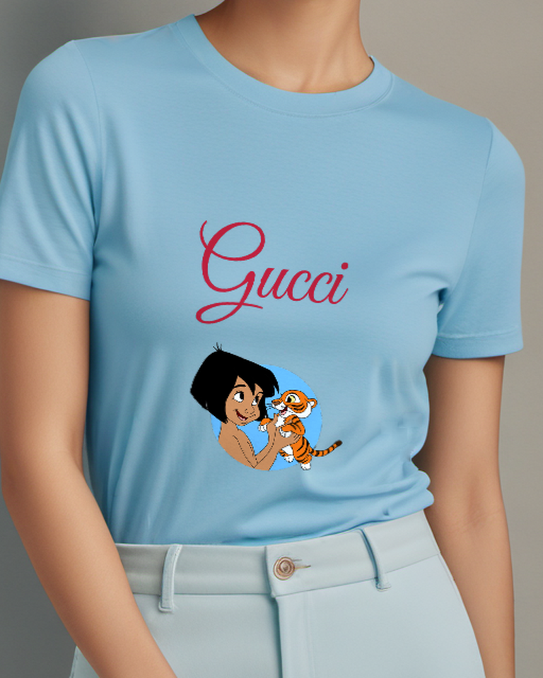 Sky Blue Jungle Boy Holding Tiger Cub Graphic T-Shirt - model wearing view
