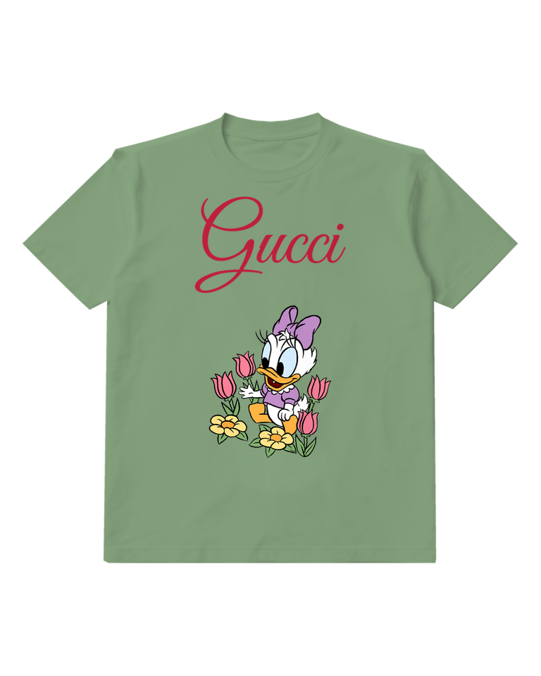 Sage Green Baby Daisy Duck Holding Flowers Graphic T-Shirt - front product view