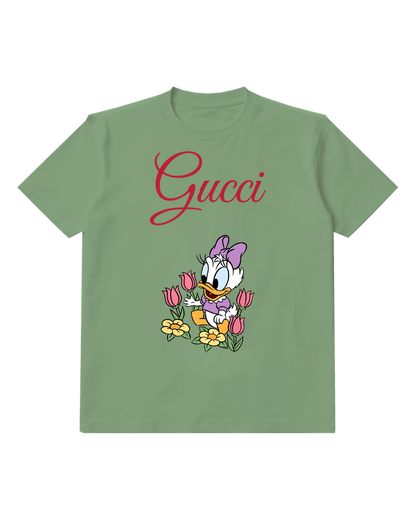 Sage Green Baby Daisy Duck Holding Flowers Graphic T-Shirt - front product view