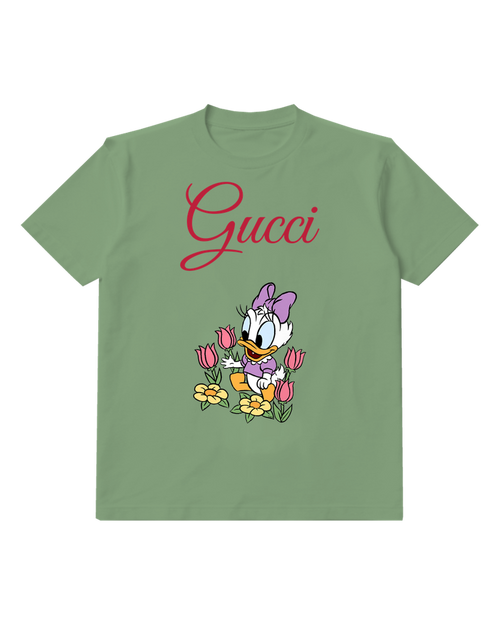 Sage Green Baby Daisy Duck Holding Flowers Graphic T-Shirt - front product view