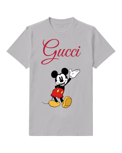 Light Gray Mickey Mouse Waving Cheerfully Front Print Graphic T-Shirt - front product view