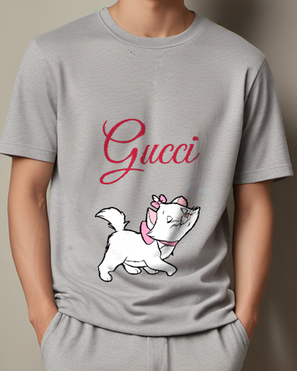 Gray White Cat With Pink Bow And Collar Graphic T-Shirt - model wearing view