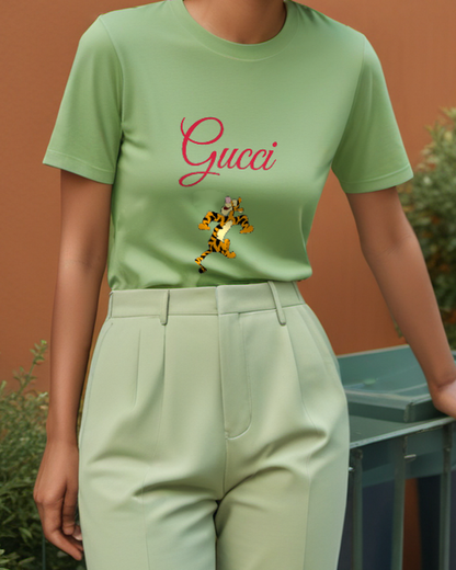 Sage Green Tigger Character Bouncing Energetically Graphic T-Shirt - model wearing view