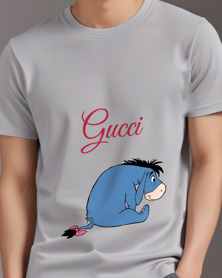 Light Gray Curled Seated Blue Donkey Graphic T-Shirt - model wearing view