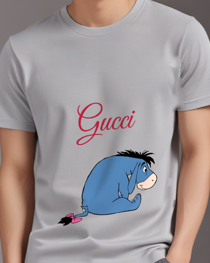 Light Gray Curled Seated Blue Donkey Graphic T-Shirt - model wearing view