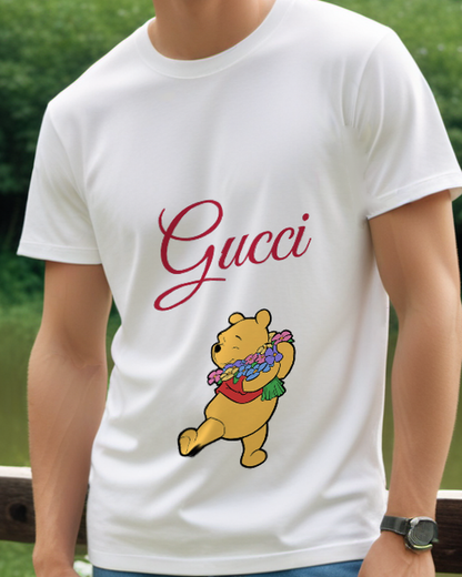Light Gray Winnie The Pooh Holding Flowers Graphic T-Shirt - model wearing view