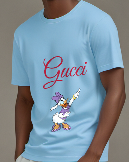 Sky Blue Daisy Duck Pointing Upward Graphic T-Shirt - model wearing view