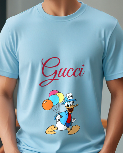 Sky Blue Donald Duck Running With Balloons Graphic T-Shirt - model wearing view