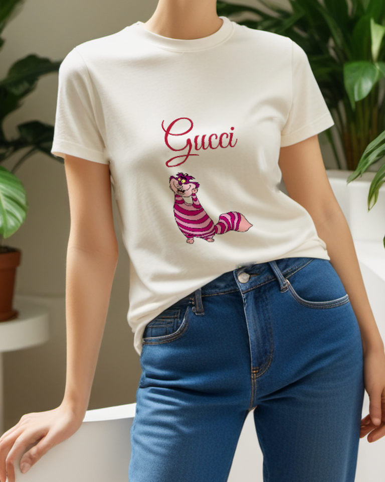 Ivory Purple Striped Grinning Cat Graphic T-Shirt - styled view 4