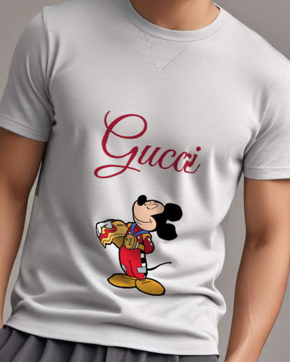 Light Gray Mouse Yellow Snack Packet Graphic T-Shirt - model wearing view