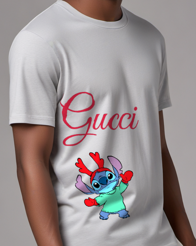Light Gray Blue Creature Red Antlers Graphic T-Shirt - model wearing view