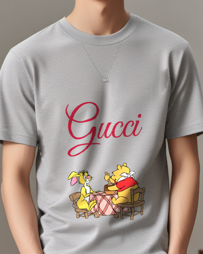 Light Gray Winnie The Pooh Grinding With Rabbit Graphic T-Shirt - model wearing view
