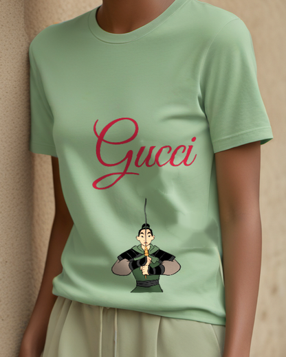 Sage Green Seated Green Armor Warrior Graphic T-Shirt - model wearing view