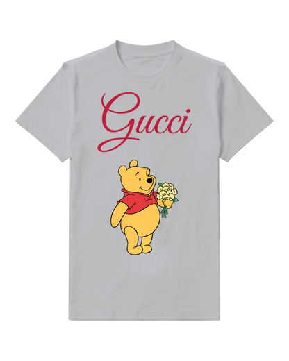 Light Gray Winnie The Pooh Holding Flowers Crew Neck Graphic T-Shirt - front product view