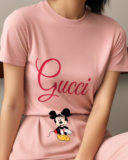 Blush Pink Mickey Mouse Sitting Cross Legged Graphic T-Shirt - model wearing view